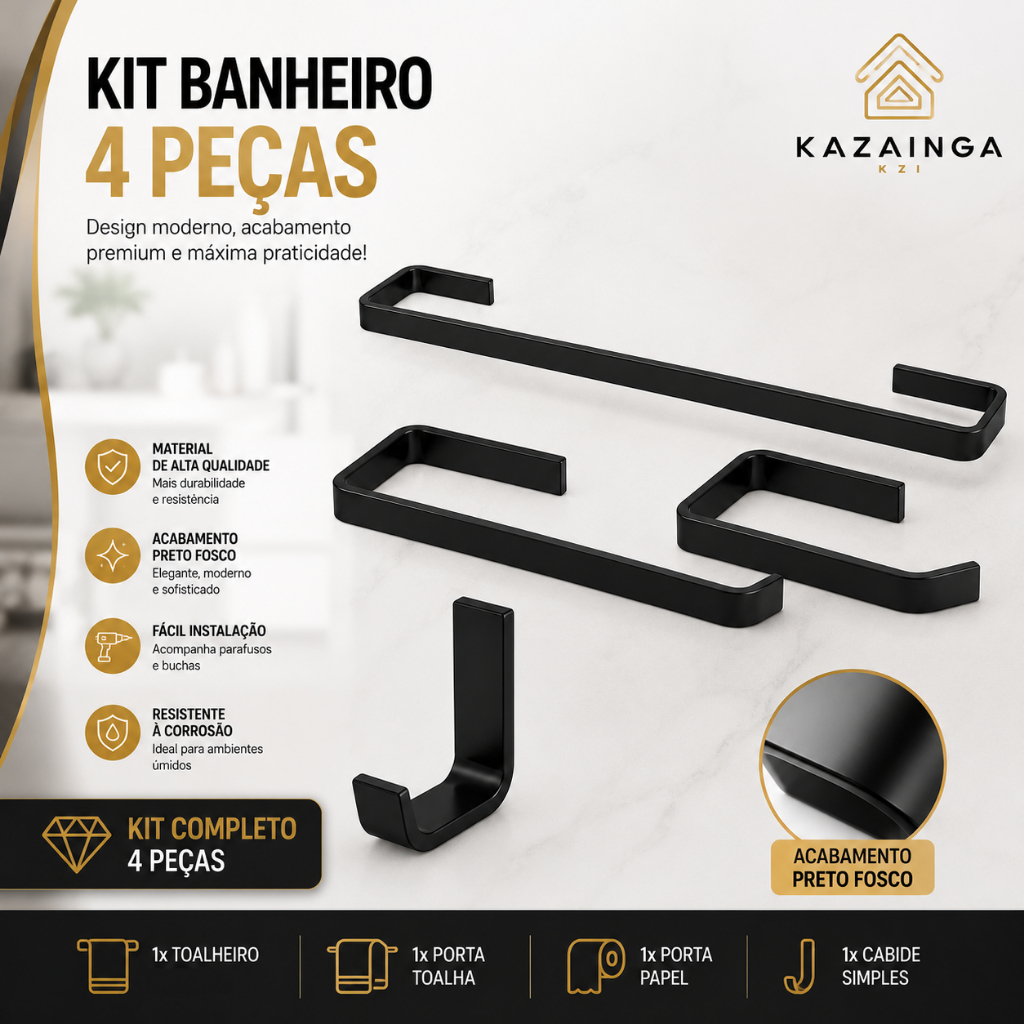 Kit Banheiro 4 Peças Preto Fosco Toalha Banho Toalha Rosto Porta Papel e Cabide