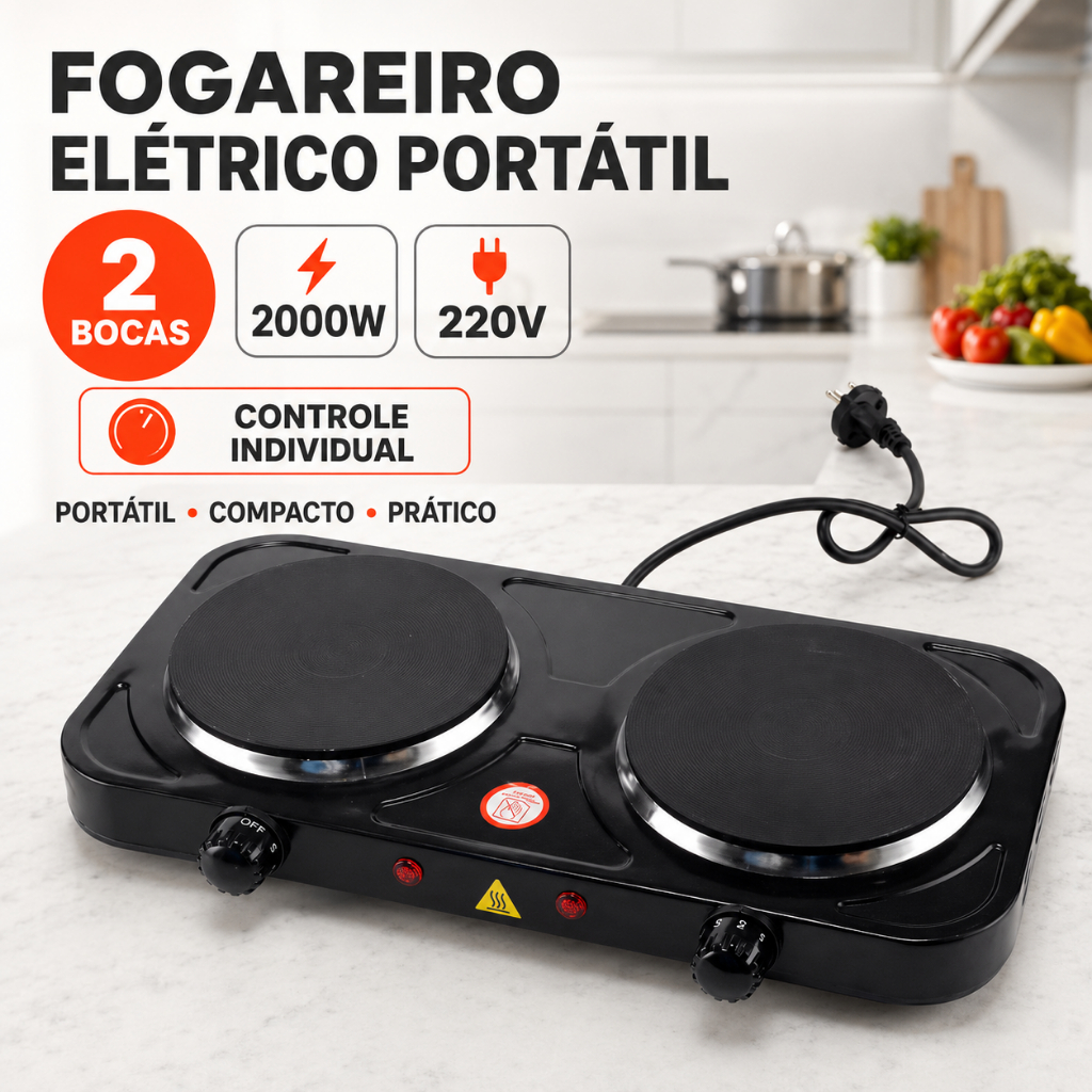 Fogão Fogareiro Elétrico Portátil Camping 220V Mesa Inox 2 Boca 2000W Potência Cooktop De Mesa PRETO