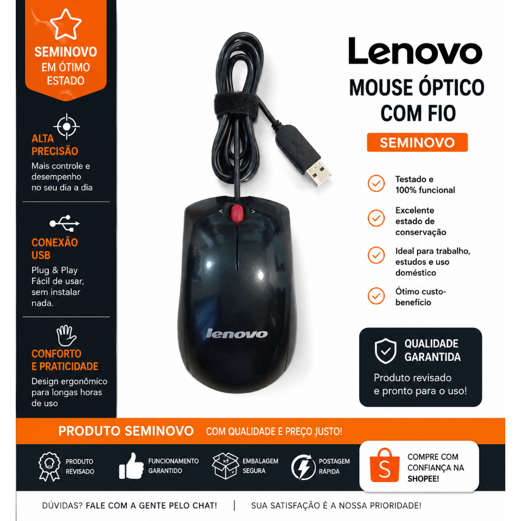 Mouse Óptico Lenovo Essential - COM FIO USB