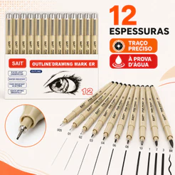 Kit 12 Canetas Nanquim Profissional Fine Line Brush para Desenho Técnico Lettering e Mangá