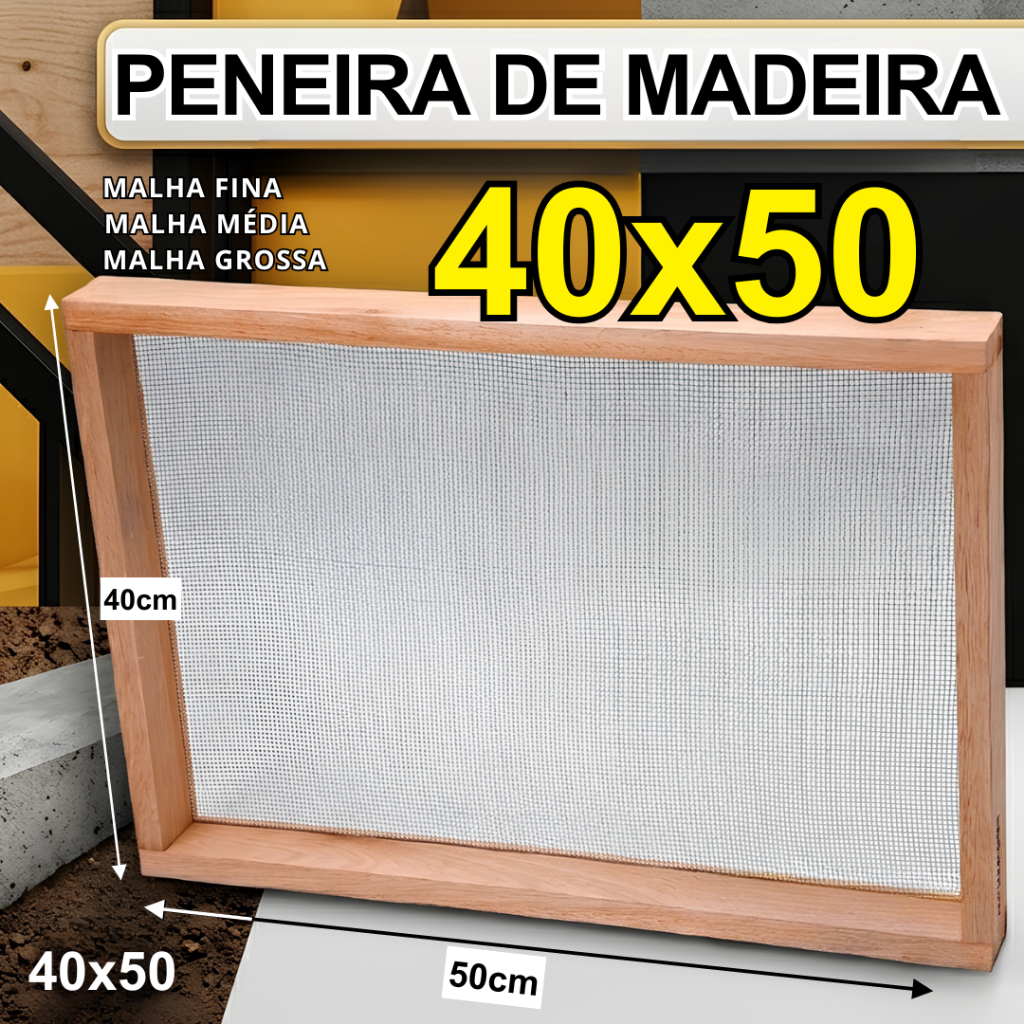 Peneira de Madeira 40x50cm | Malha Fina, Média e Grossa | Construção Areia Café Milho Feijão Pedreiro