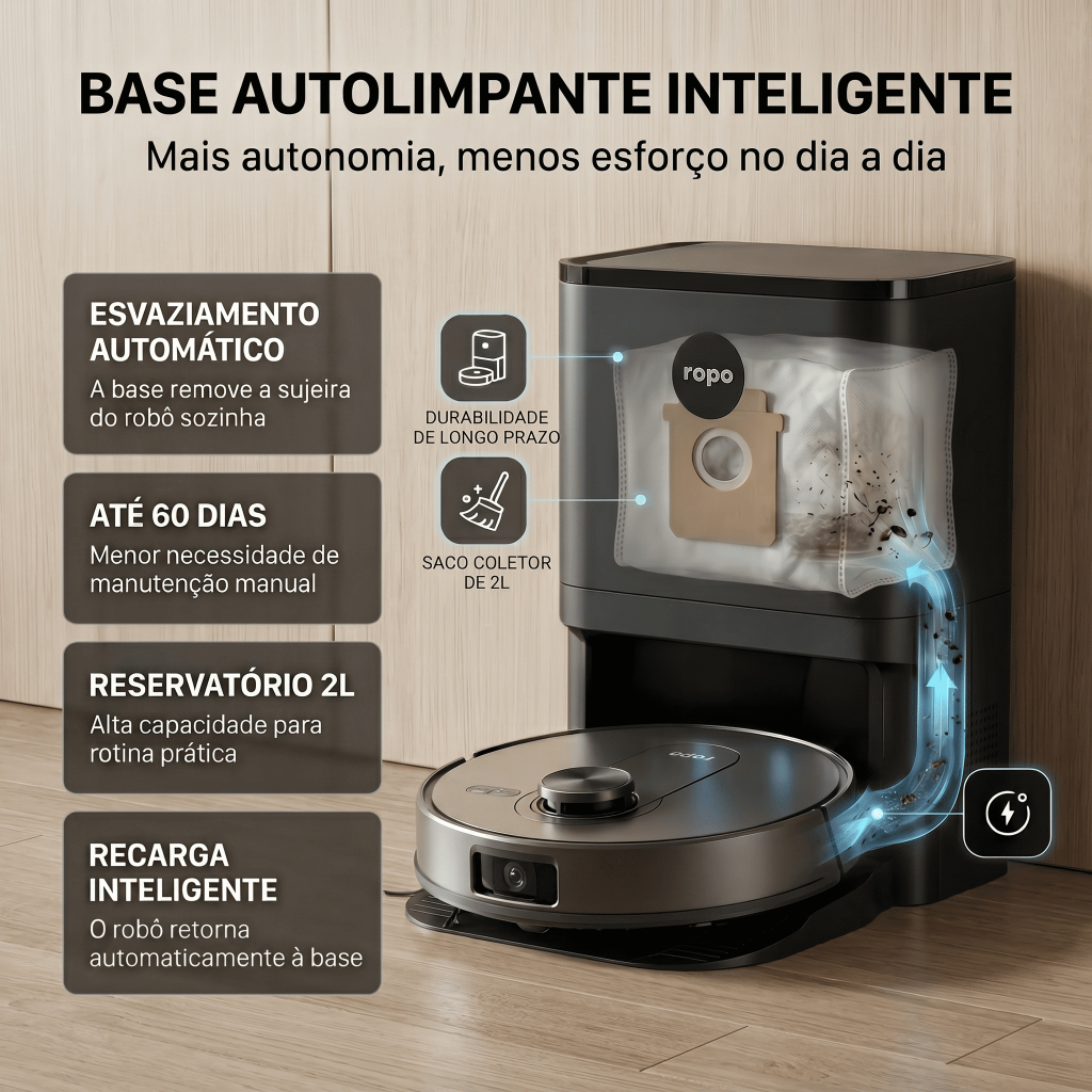 Robô aspirador - Ropo Vision Pro - 3 em 1- c/ IA-3D Scan, 13000Pa Mapeamento laser 360°, passa pano com MOP
