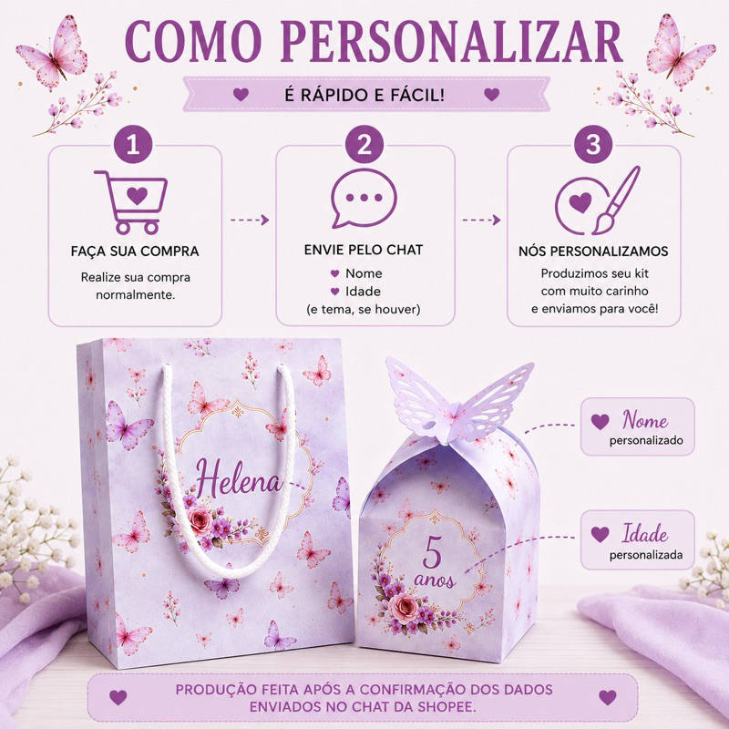 Kit Lembrancinha Jardim das Borboletas Personalizado | Sacolinha + Caixinha Borboleta 3D | Festa Infantil