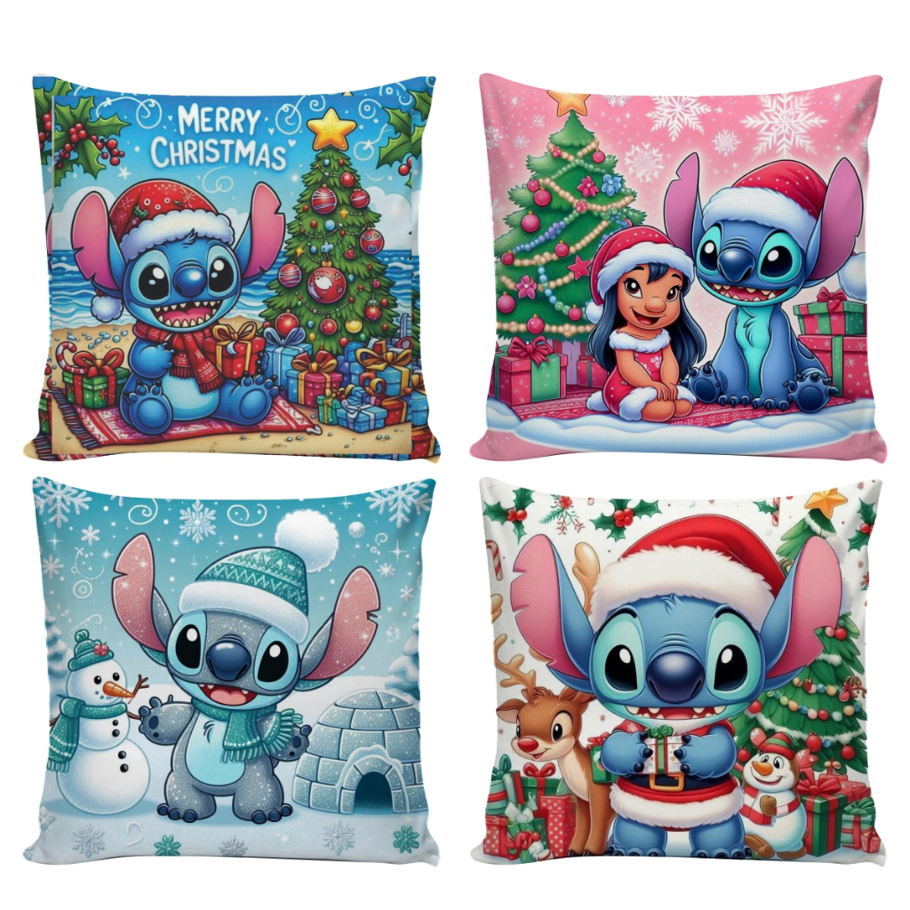 Kit 4 Capas de Almofada Personalizada Natal Personagem Stich Natalino Feliz Natal Decorativo 45x45 Quarto Cama Sala Sofá