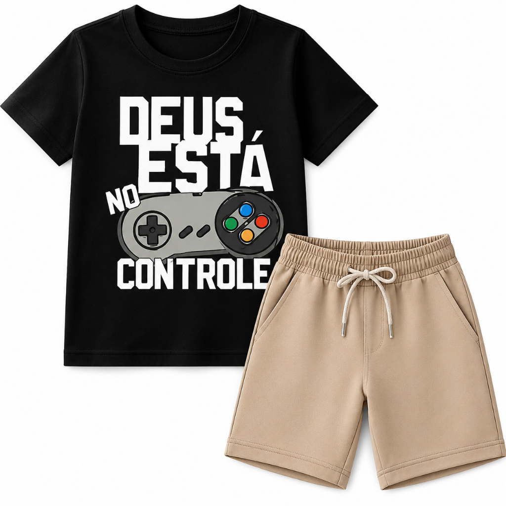 Conjunto Infantil Menino Camiseta Gamer Bermuda Verão Criança Kit Roupa Confortável Algodão Kids