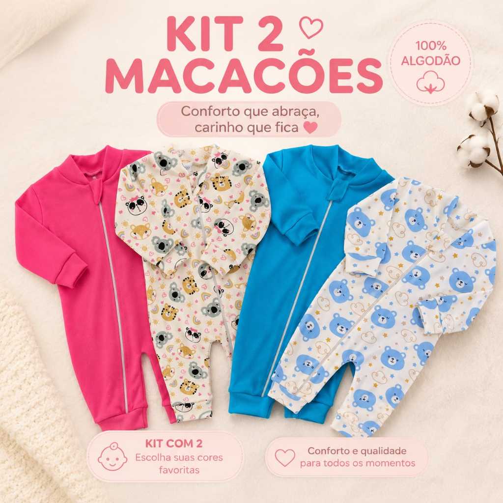 Kit 2 Macacão - 100% algodão RN-P-M-G-GG Menina/Menino Zíper até o pé e protetor de zíper