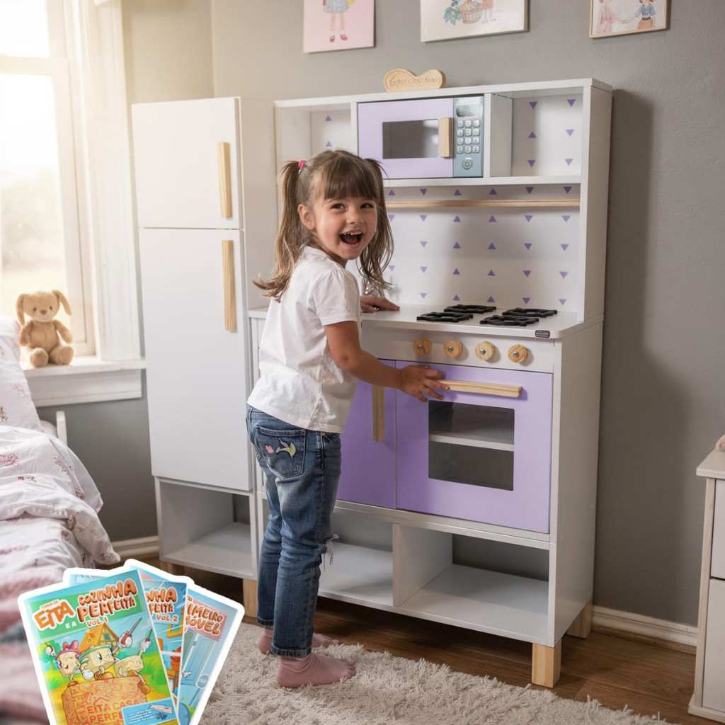 Cozinha Infantil Geladeira Módulo Crescer Madeira Lilás Faz de Conta Chef Kit Livro Educativo