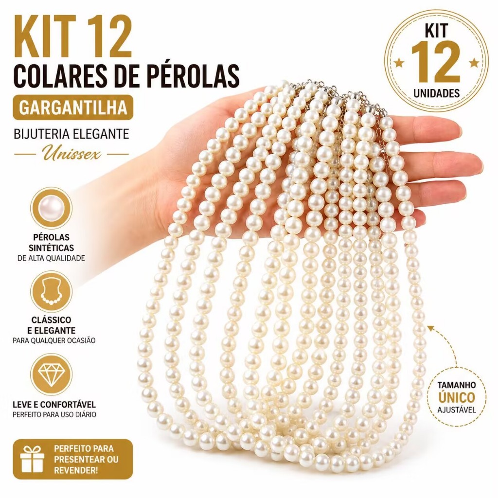 Kit 12 Colares Gargantilha de Pérolas Choker Feminina Elegante Unissex
