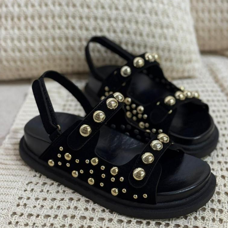 Sandália Birken Feminina Luy Traseira Velcro Preto Camurça
