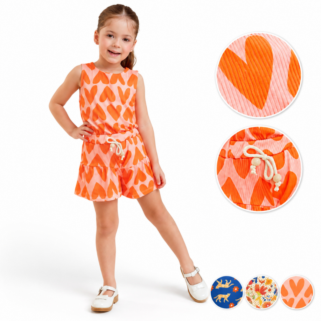 Conjunto Feminino Infantil Menina Short com babado e Blusa  Fashionista Estampado Corações 1 a 4 Anos