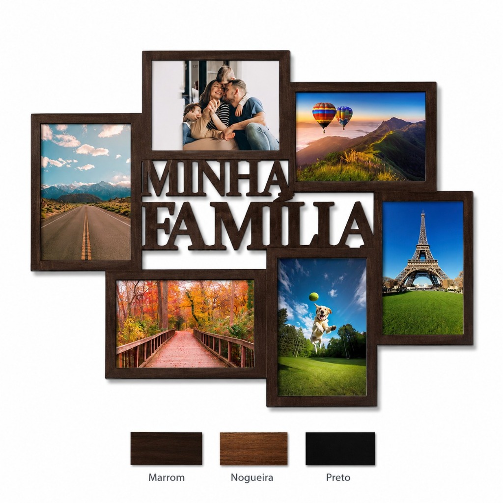 Quadro Porta Retrato Família MDF Decorativo para 6 Fotos Minha Família Decoração de Sala e Escritório