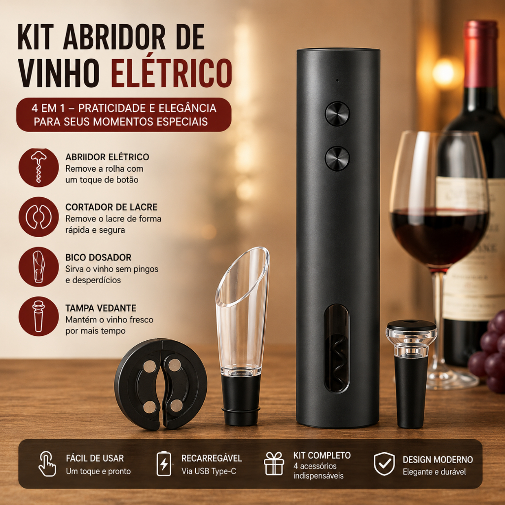 Kit Abridor Elétrico para Vinho 4 em 1 Recarregável USB Type-C com Cortador de Lacre, Bico Dosador e Tampa Vedante