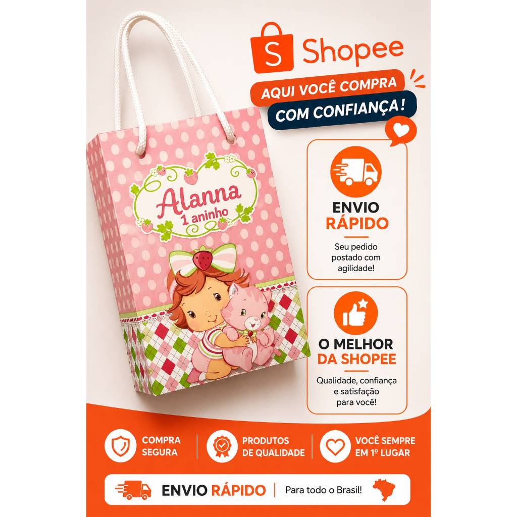 Sacolinha Personalizada Moranguinho com Nome e Idade | Lembrancinha Festa Infantil | Envio Rápido