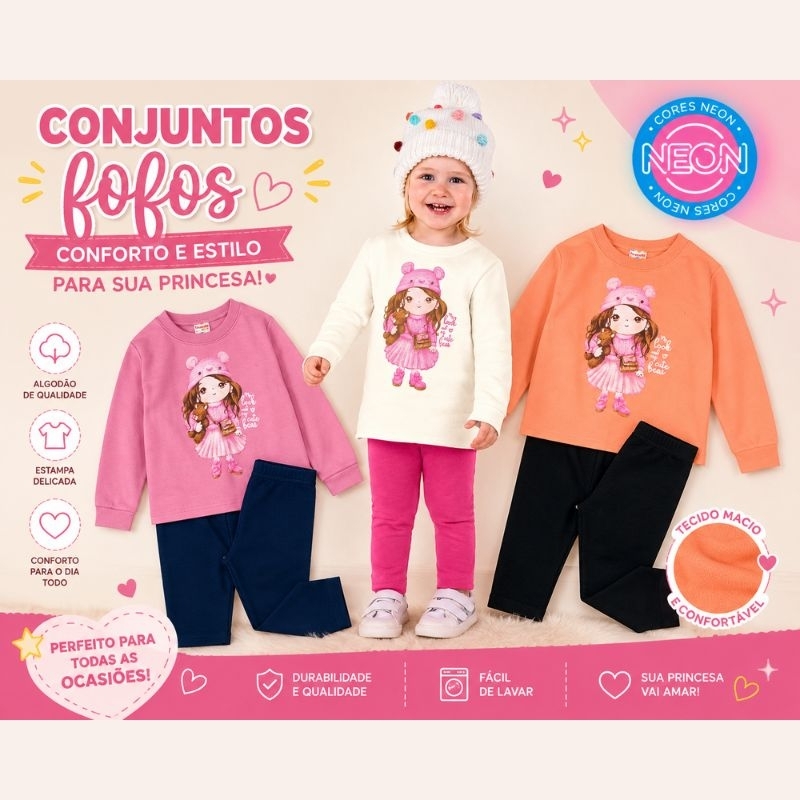 Conjunto Infantil Menina tamanho 1 Inverno Blusa Manga Longa + Calça legging peluiciada| Roupa Infantil Confortável