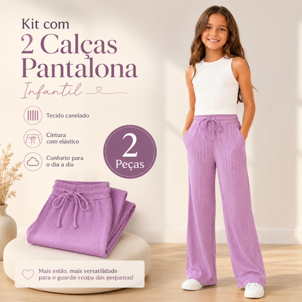 kit 2 Calça Pantalona infantil menina criança canelada com bolso