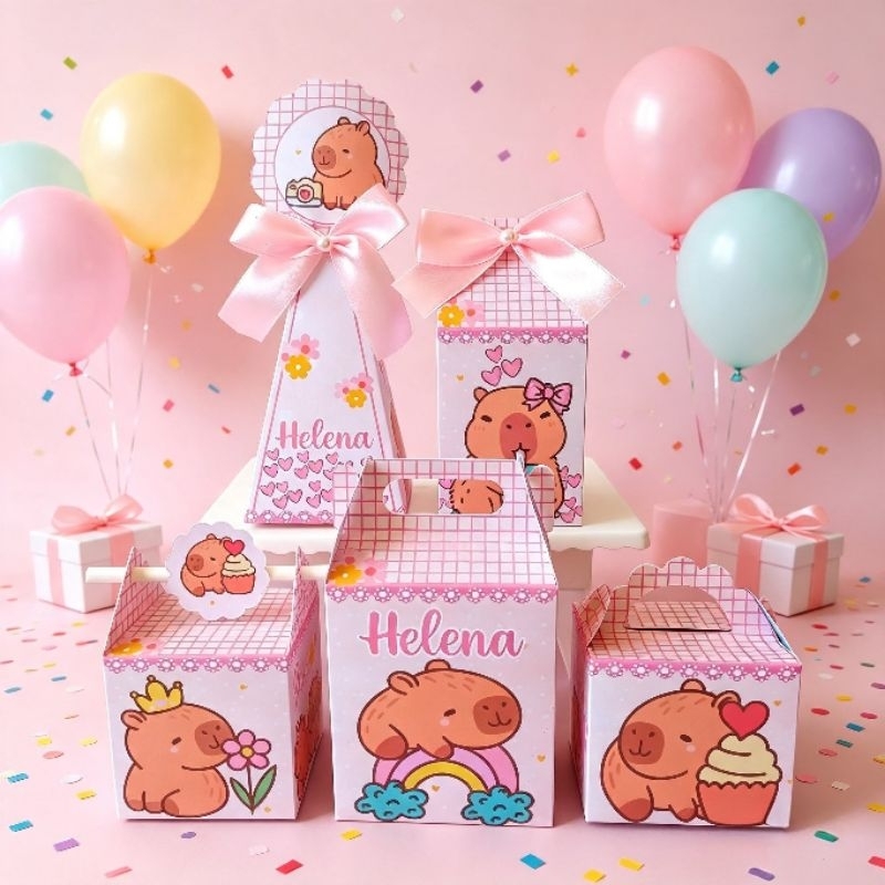 (PEGUE E MONTE) - Caixinhas Personalizadas Capivara Rosa Aniversário/Decoração/Kit Lembrancinha