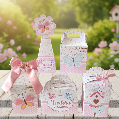 KIT CAIXINHAS PERSONALIZADAS JARDIM DAS BORBOLETAS LEMBRANCINHA DE FESTA INFANTIL/ANIVERSÁRIO/Desmontadas