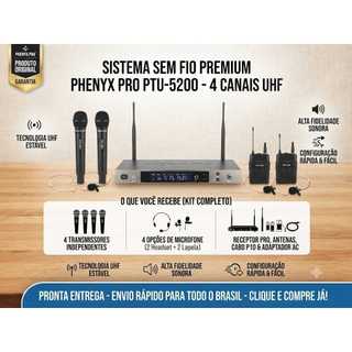 Sistema Microfone Sem Fio UHF 4 Canais Phenyx Pro PTU-5200