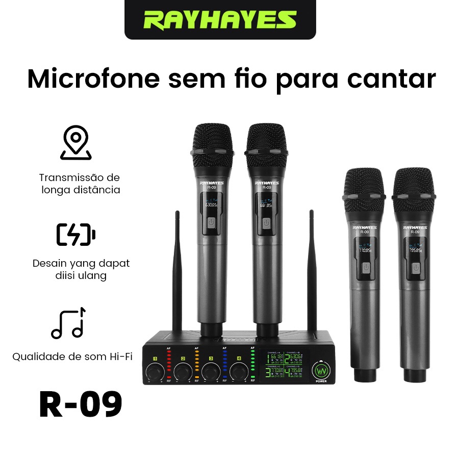 RAYHAYES Kit 4 Microfone Sem Fio R-09 UHF para Conferência, Show de Palco, KTV Familiar, Apresentações Externas