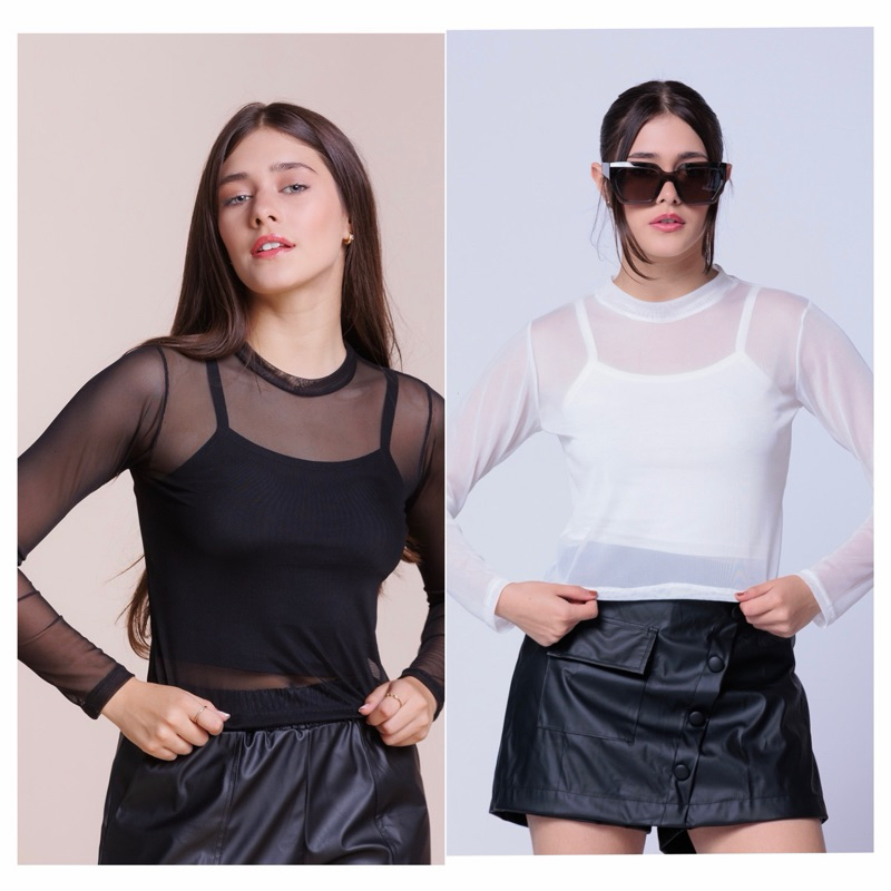 BLUSA MENINA 2 PEÇAS CROPPED DE TULE TRANSPARENTE COM TOP REGATA ALCINHA MANGA LONGA