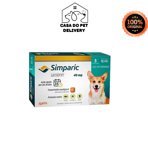 Simparic 40 Mg para Cães de 10kg à 20kg - 3 Comprimidos - Antipulga, Carrapato e Sarna
