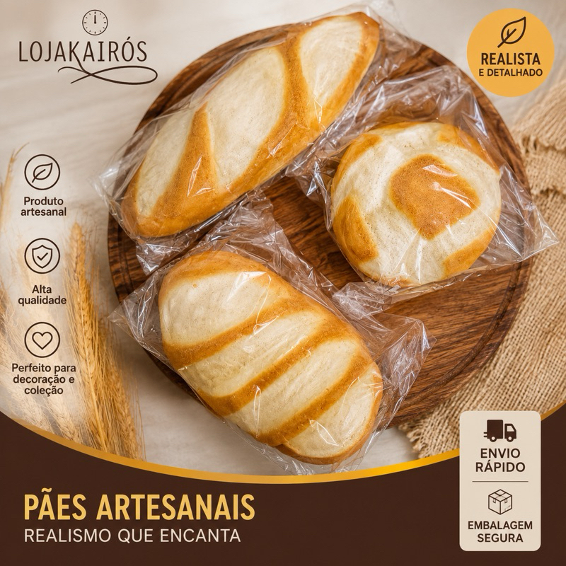 Kit 3 Pães Artificiais Grandes para Santa Ceia Decoração - Banha Redondo Filão M