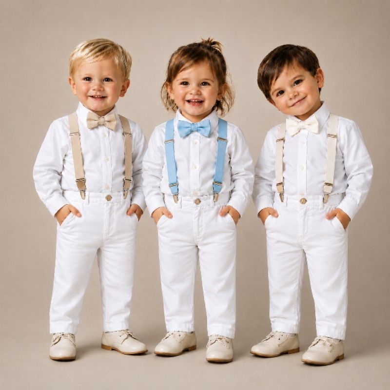 Conjunto Batizado Bebe Menino Roupa Social Pajem Suspensório Completo