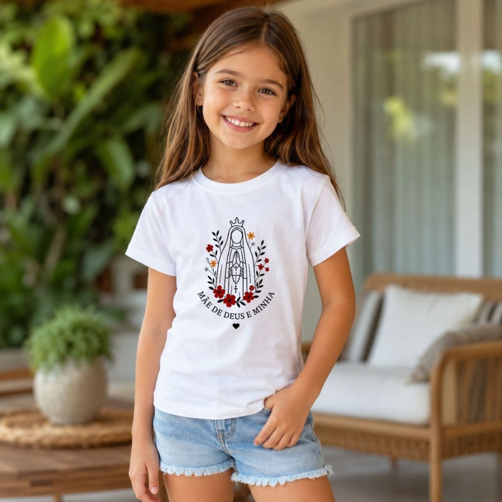 Camiseta Infantil Menina Nossa Senhora Mãe de Deus é Minha Moda Católica Cristã Estampa Exclusiva Envio Imediato