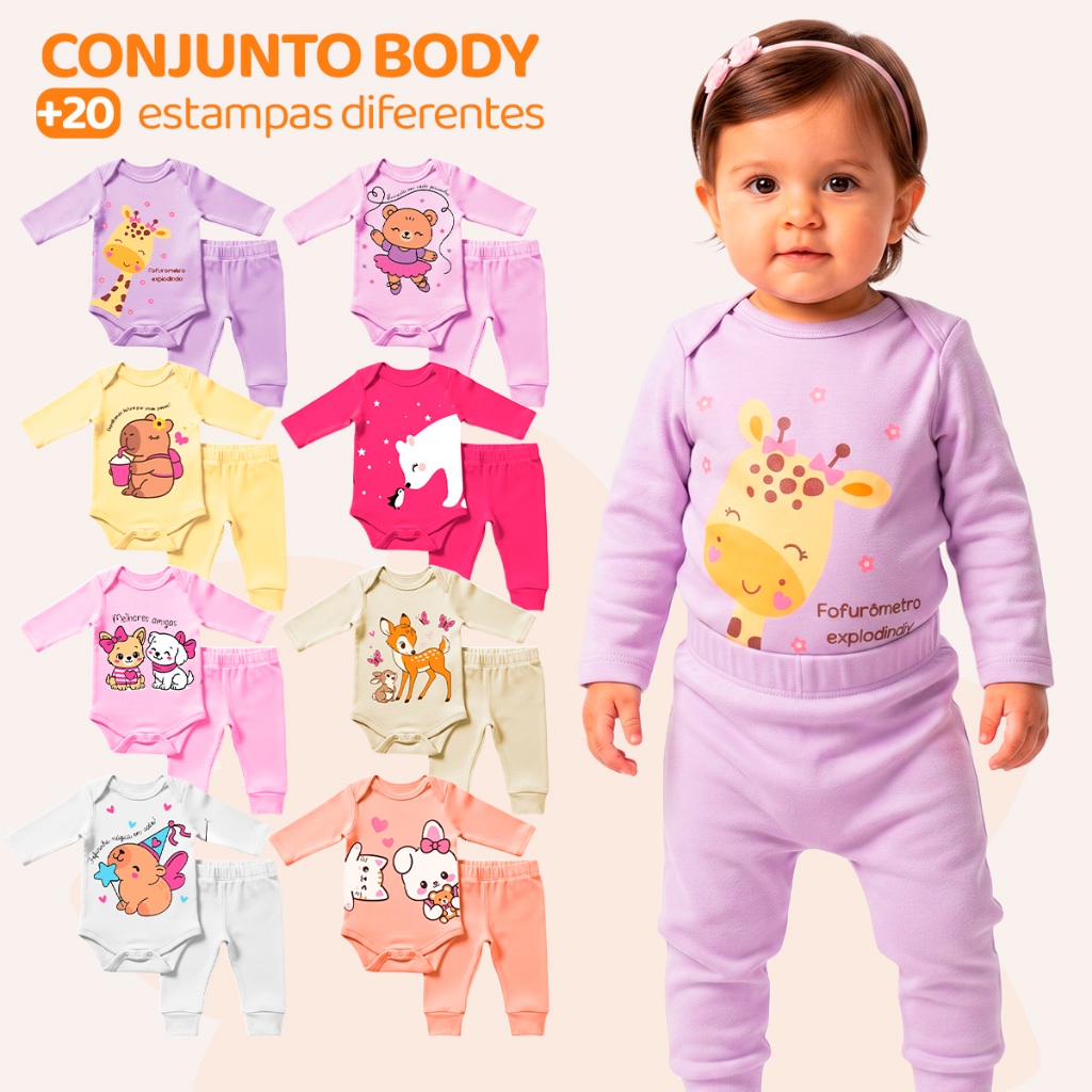 Kit 4, 8 ou  Peças de Roupas para Bebê Menina (Body Longo + Calça Mijão)  Conjun