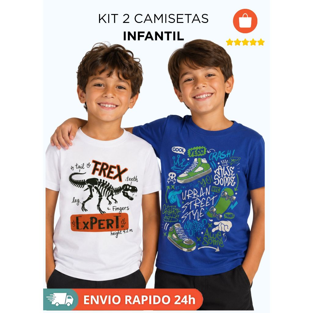 Kit 2 Camisetas Infantil Menino Estampadas Manga Curta Algodão Sortido