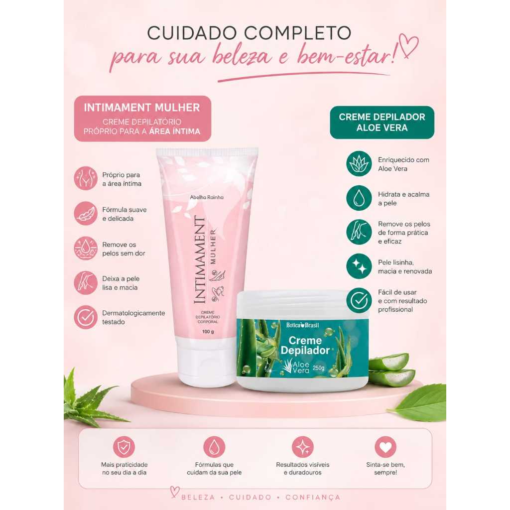 Kit Creme Depilatório Área intima Abelha Rainha 100g + Creme Depilatório Corporal Botica Brasil 250g