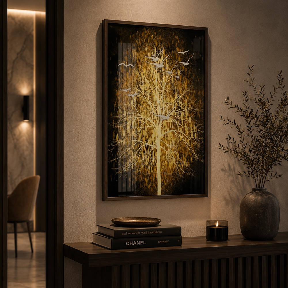 Quadro Decorativo Árvore da Vida Dourada Com Moldura 50x75 ou 60x90 Com ou Sem Vidro Sala Quarto Escritório