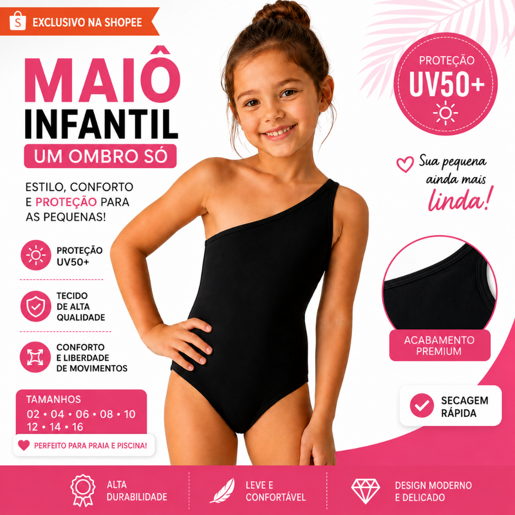 Maiô Infantil Juvenil Menina Um Ombro Só Mula Manca Traje de Banho Praia Piscina Suplex Premium Liso Proteção UV50+