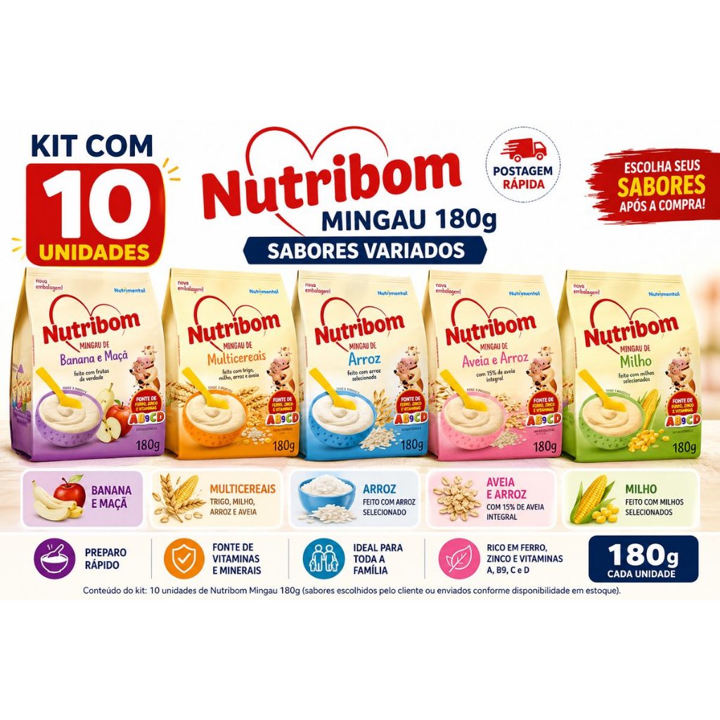 Kit 10 Nutribom Mingau 180g Sabores Variados | Multicereais, Milho, Arroz e Aveia, Arroz, Banana e Maçã
