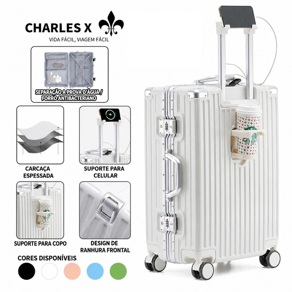 CHARLES X Mala de ABS e PC com estrutura de alumínio, equipada com porta USB e suporte para copos
