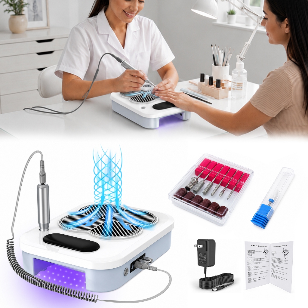 Kit 3 em 1 para Unhas Lixa Elétrica Aspirador de Pó Cabine UV LED com Brocas Manicure Gel