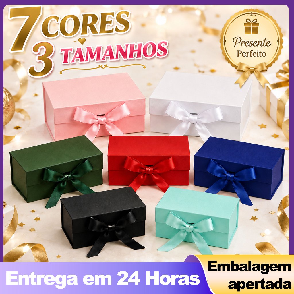 Caixa Presente Dobrável Rígida Magnética de Papel com Imã e Cetim - Cores à Escolher | Aniversário e Casamento