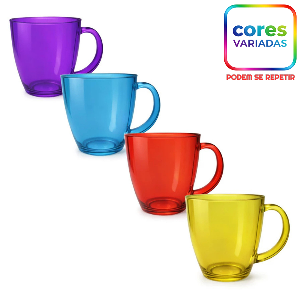 Jogo Kit 4 Canecas de Vidro 350ml Coloridas Verona