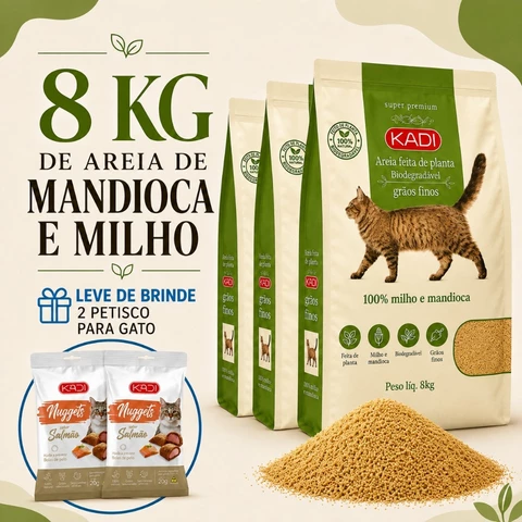 Areia Higiênica Natural Biodegradável de Grãos Finos de Milho e Mandioca para Gatos Kadi 8 kg