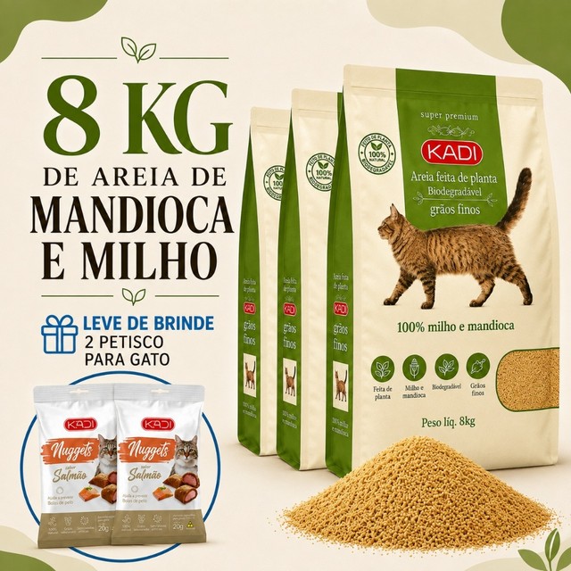Areia Higiênica Natural Biodegradável de Grãos Finos de Milho e Mandioca para Gatos Kadi 8 kg