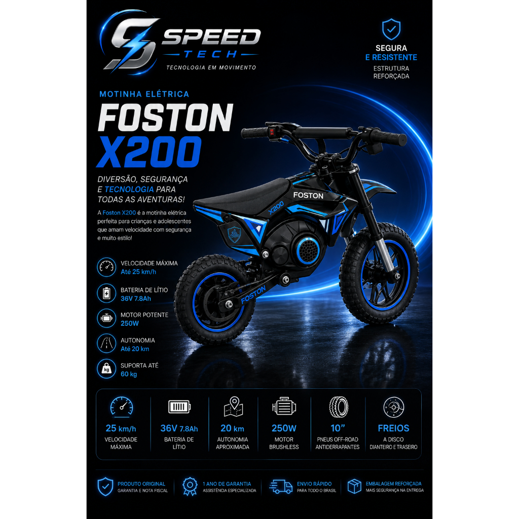 Motinha Elétrica Foston X200 Off-Road 250W com Som Bluetooth e LED