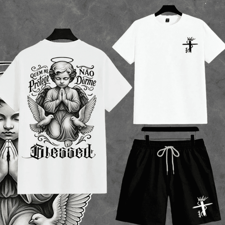 Kit Conjunto Masculino StreetWear Camiseta Algodão Short Tactel Estampado Blessed Estilo De Rua Leve E Confortável