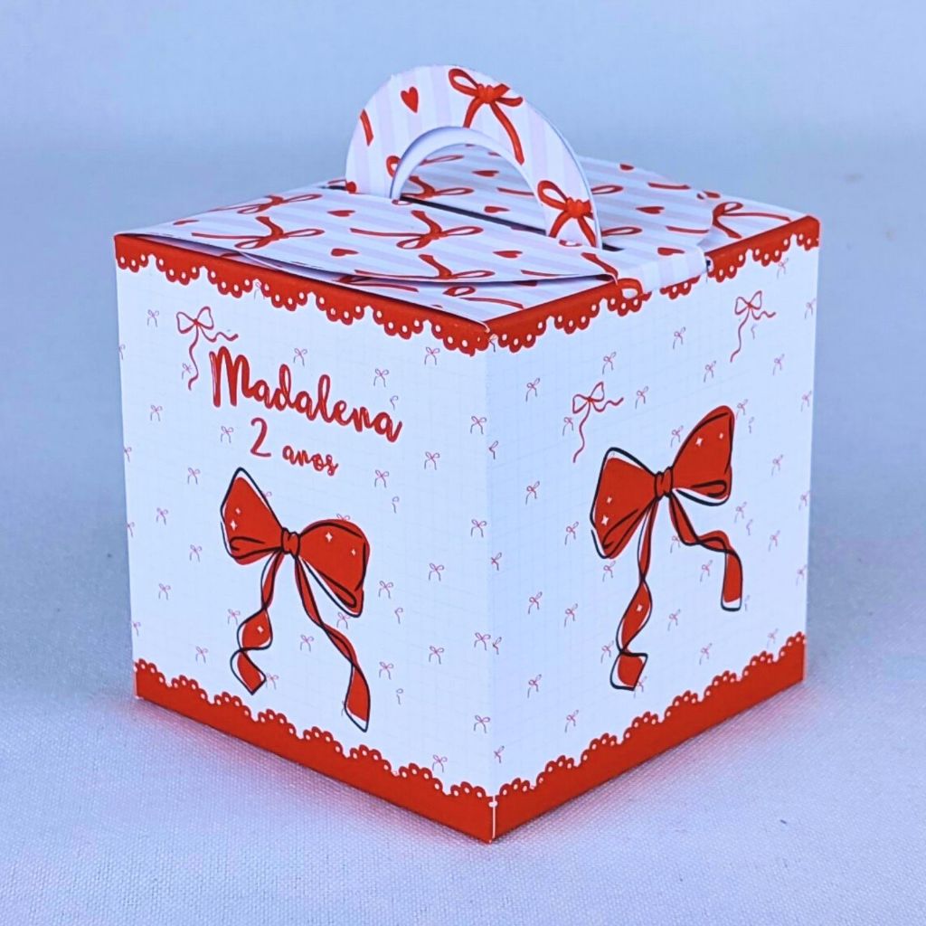 Kit 10 a 80 Caixinhas Para Lembrancinha Laço Vermelho Cubo Com Alça Personalizada Infantil de Aniversário