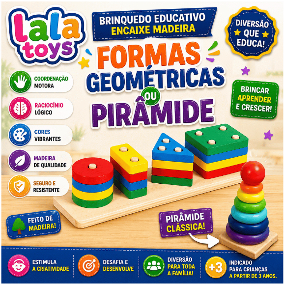 Brinquedo Educativo Montessori Torre Colorida Coordenação MDF Empilhar Formas Encaixe Geométricas