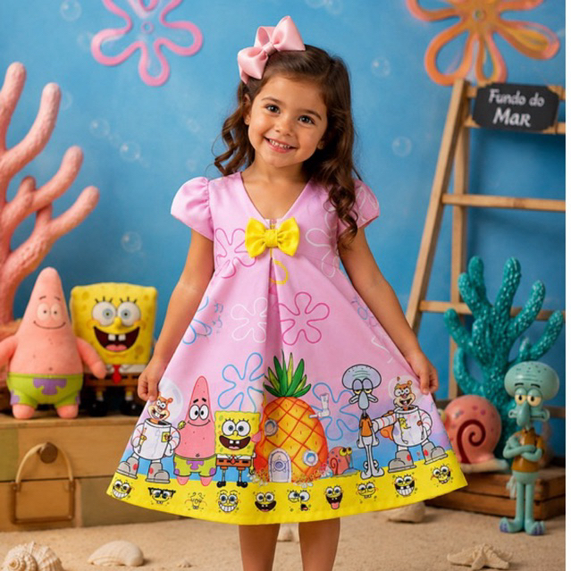 ✨💛 Vestido Infantil Bob Esponja – Alegria, Cor e Diversão Garantida! 💛✨