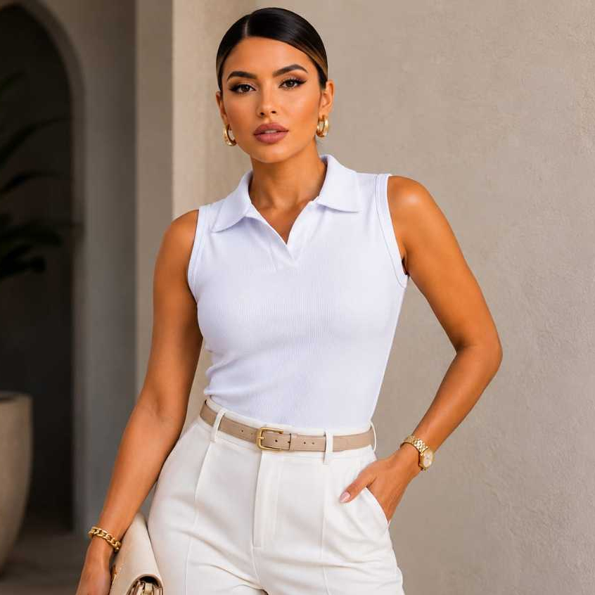 Blusa Regata Feminina Gola Polo Canelada Ribana Canelada Casual, Confortável Elegante Dia a Dia.