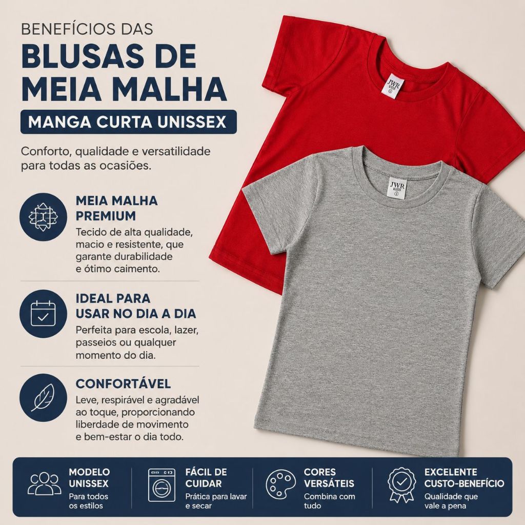 Camiseta avulsa infantil unissex manga curta 100% algodão