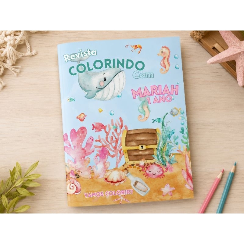 Livrinho Personalizado Fundo do Mar c/ 08 desenhos, Lembrancinha Para Colorir Aniversário Infantil Kit 10/15/20