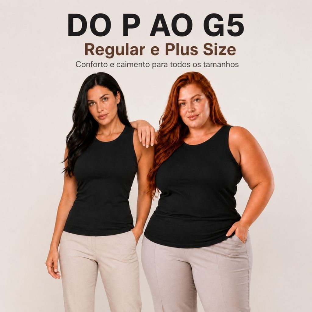 Regata Feminina Básica Alça Larga  P ao G5 Plus Size Viscose Premium com Elastano
