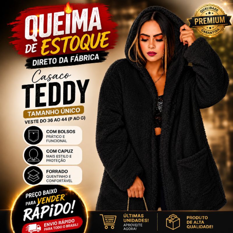 CASACO SOBRETUDO FEMENINO FORRADO COM BOLSO E CAPUZ TEDDY/SHERPA TENDÊNCIA BLUSA DE FRIO QUENTINHA PRO FRIO DO INVERNO